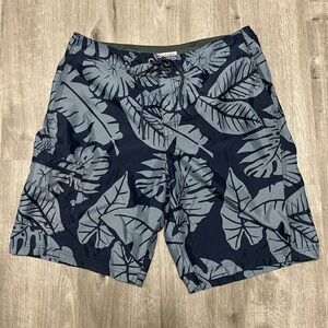 Columbia Omni Shade Men's‎ Navy and Gray Leaf Print Swim Shorts, size 36